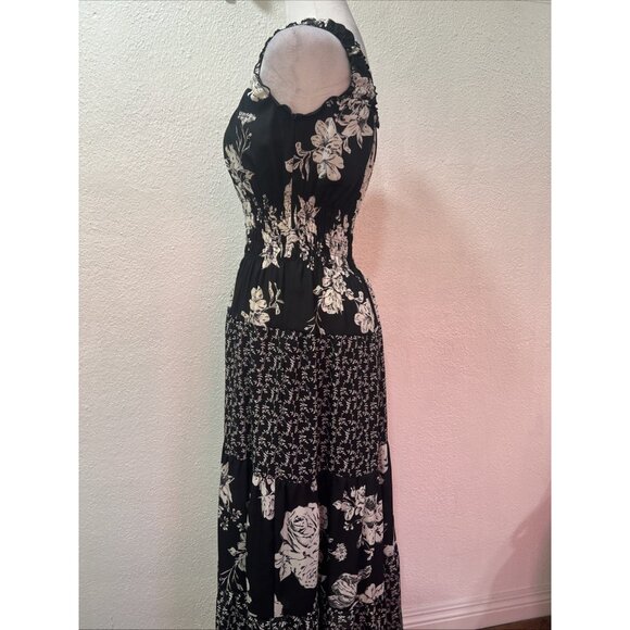Lapis tiered Y2K maxi Dress S Black White Floral Cottagecore Boho Empire Waist - Picture 10 of 15